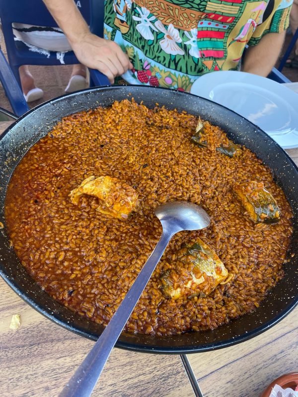 A pan of arroz al caldero, a rice dish with fish
